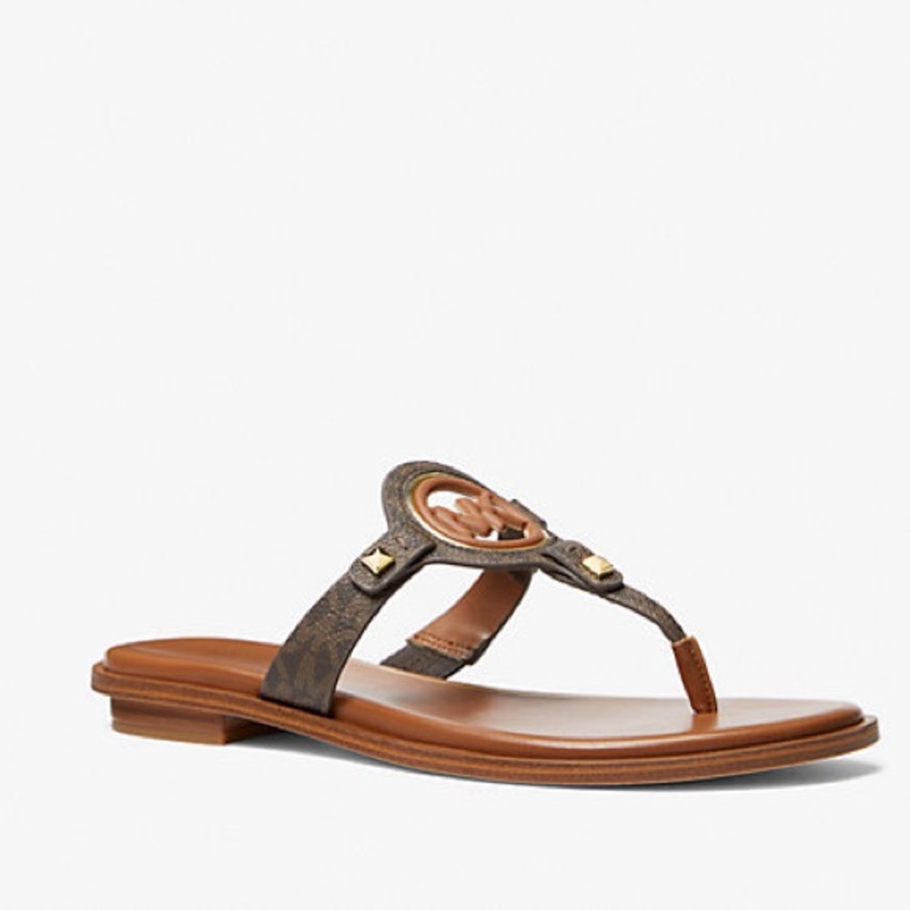 Michael Kors Aubrey Logo and Leather T-Strap Sandal In brown new with box - Picture 3 of 4